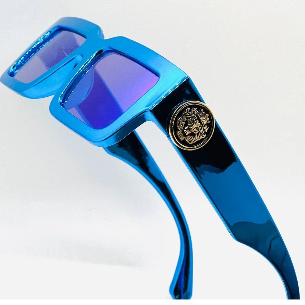 Blue Shinny Mirror Reflective Sunglasses Gold Accent Designer Fashion Shades Hot